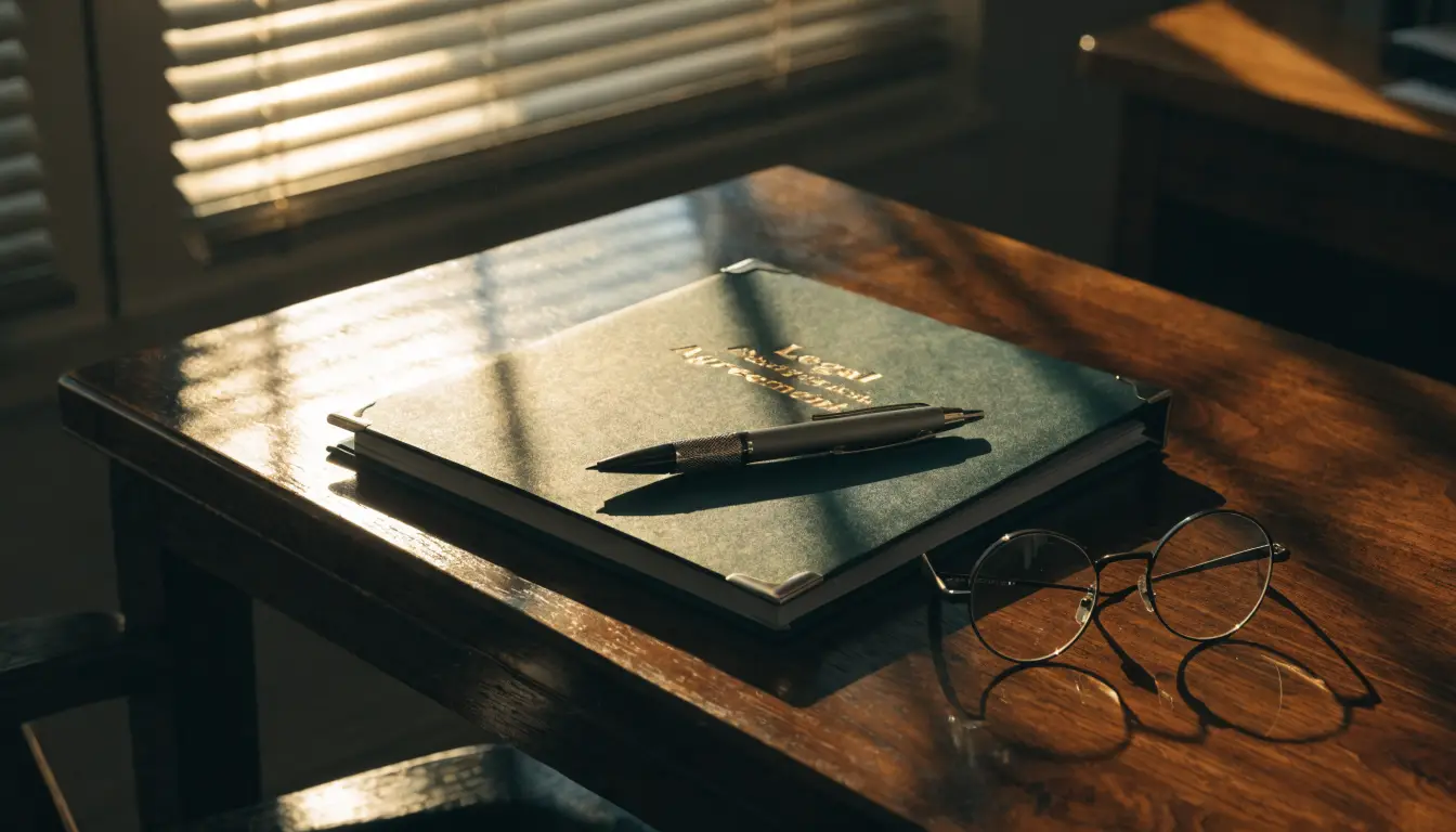 A contingency fee agreement with pen and glasses on an Oceanside lawyer's desk
