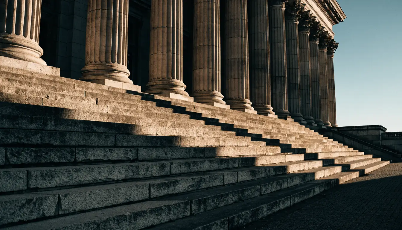 Courthouse columns at golden hour — hit-and-run prosecutions and civil claims in Oceanside