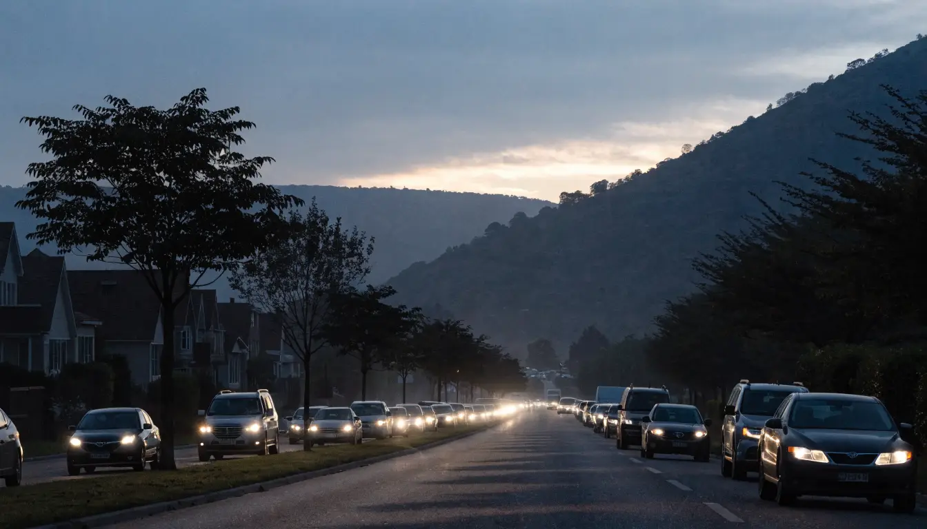 Dawn headlights queued toward the Camp Pendleton gate — Oceanside's twice-daily surge traffic