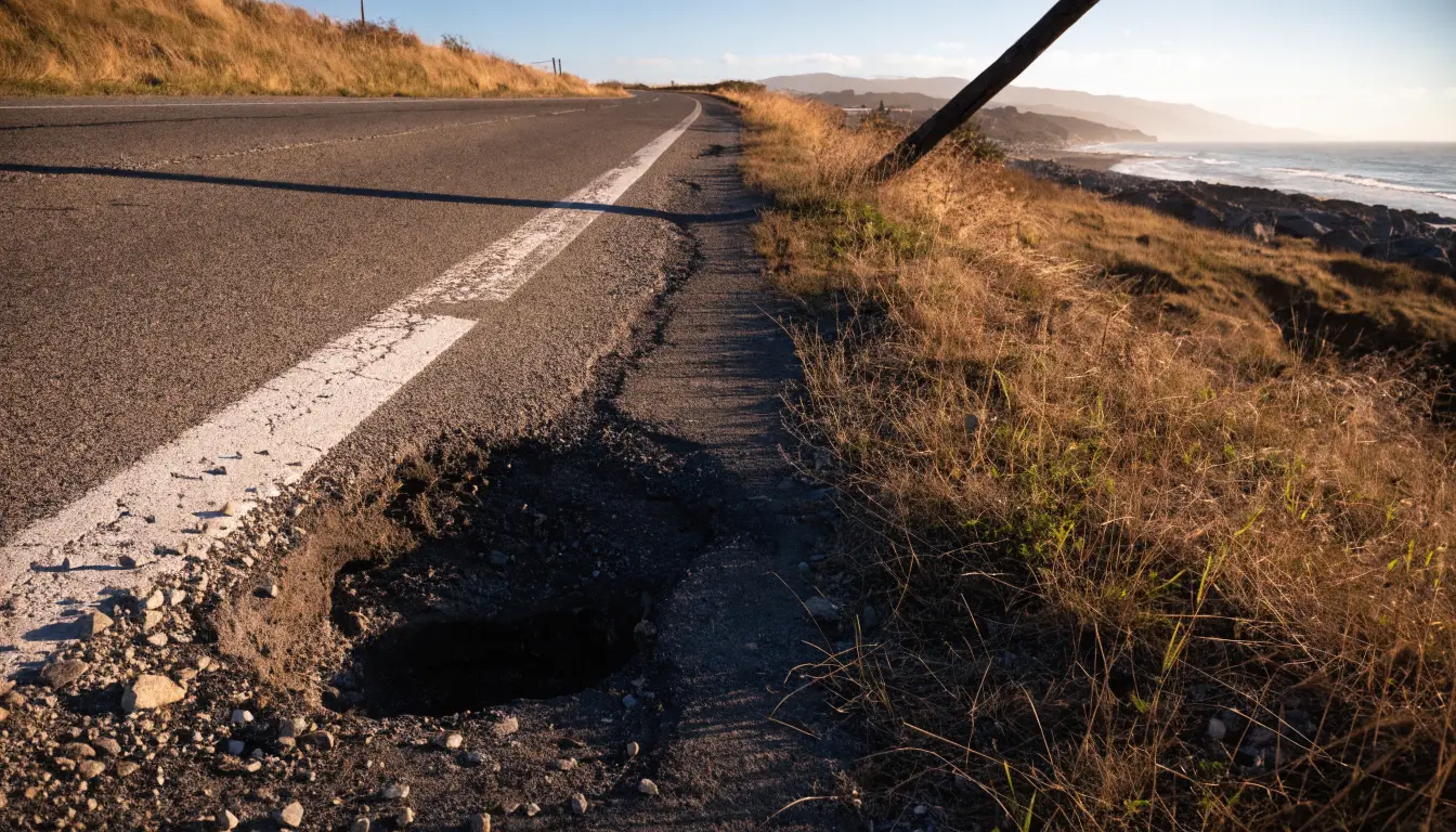 A pothole and gravel on a coastal road shoulder — the road-hazard claims inside Oceanside solo crashes