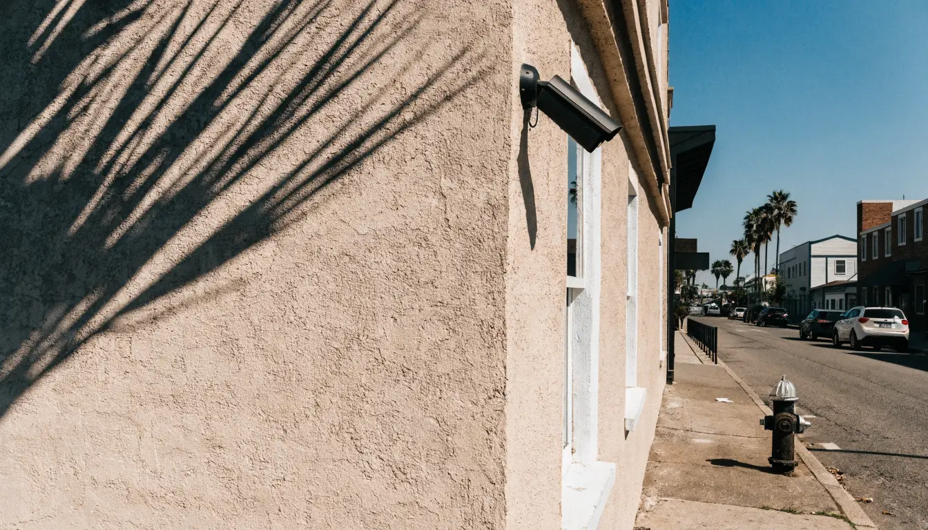 A storefront security camera in Oceanside — the canvass that solves hit-and-runs when investigations stall