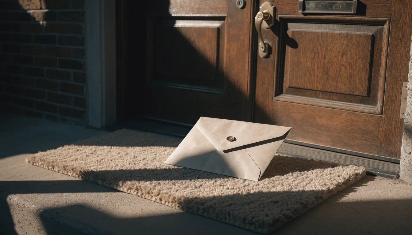 A formal envelope at a front door — the worry of being sued after an Oceanside crash